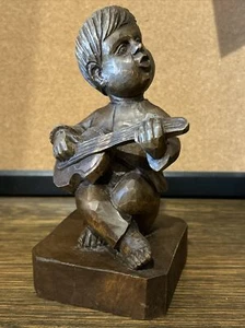 Vintage Wood Carving Carved Singing Boy Playing Guitar Figurine - Picture 1 of 6