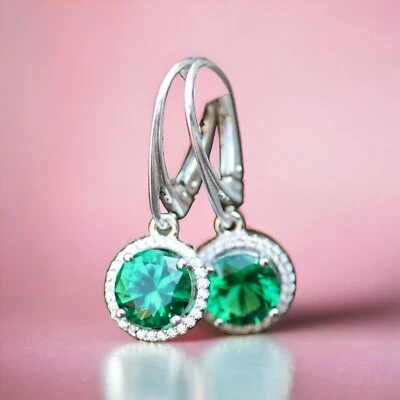 Pendientes Esmeralda Creados Plata de Ley Sólida 925, Piedra Natal de Mayo, Diseño Halo Foto 1 de 4