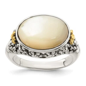 Sterling Silver with 14K Accent Antiqued Floral Oval Mother Of Pearl Ring Size 8 - Picture 1 of 4