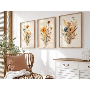 Botanical Floral Wall Art Set of 3 Vintage Wildflower Canvas Wall Decor Water... - Picture 1 of 7