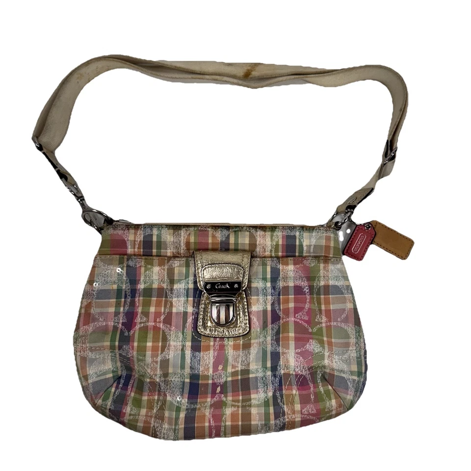 Coach Poppy Madras Pastel Sequined Crossbody Shoulder Purse Multi Color Plaid - Image 1 of 4
