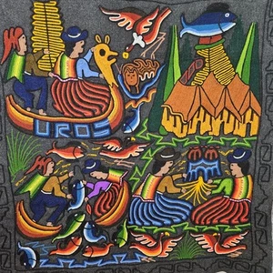 Ethnic Folk Art Tapestry Wall Hanging Fishing Harvest Multicolor Embroidered - Picture 1 of 11