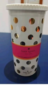 KATE SPADE Vacuum Tumbler 16oz Insulated White Gold Polka Dot BPA-free Plastic - Picture 1 of 3