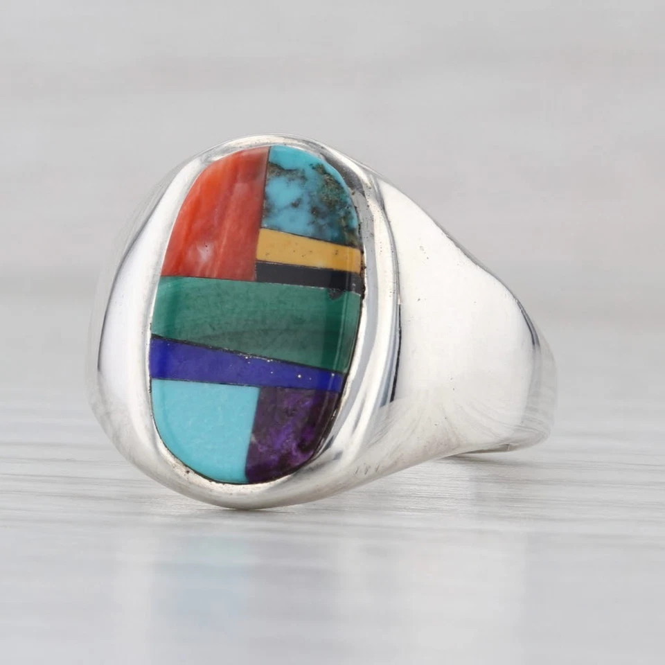 Vintage Native American Stone Mosaic Ring Sterling Silver Edison Yazzie Navajo - Image 1 of 4