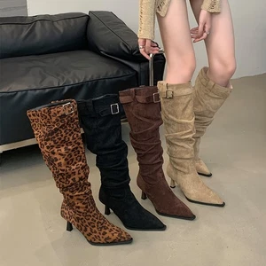 Stivali donna a punta slim stampa leopardata sexy tacco alto nicchia stivali lunghi - Foto 1 di 23