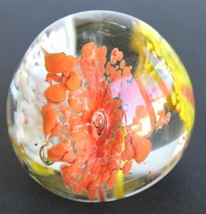 Vintage Art Glass Yellow, Orange & White Floral Paperweight w/Controlled Bubbles - Picture 1 of 4
