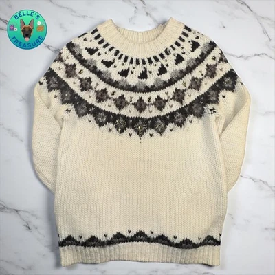 Suéter Loft Petite médio Fair Isle com strass enfeitado marfim malha de inverno - Imagem 1 de 4