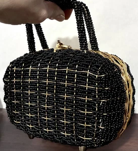 VTG WALBORG Wire Woven Black GLASS BEAD Hand Bag BOX PURSE Signed - Picture 1 of 11