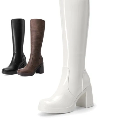 Women Platform Low Chunky Heel Knee High Boots Square Toe Side Zipper Gogo Boots - Image 1 of 4