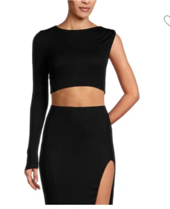 Area Stars Women's Size Medium Jacqui Solid Crop Top w Asymmetric Sleeves- Black - Picture 1 of 5