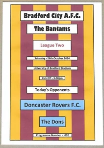 BRADFORD CITY v DONCASTER ROVERS 26.10.24 LEAGUE TWO MATCH PROGRAMME - Picture 1 of 3
