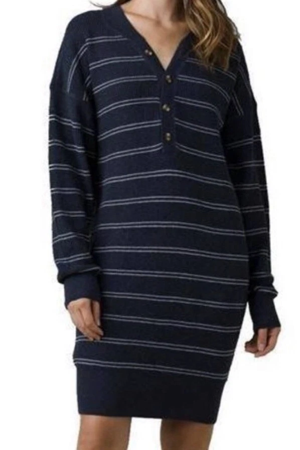 Prana Blue Nautical Striped Milani Henley Wool Blend Knit Sweater Dress M