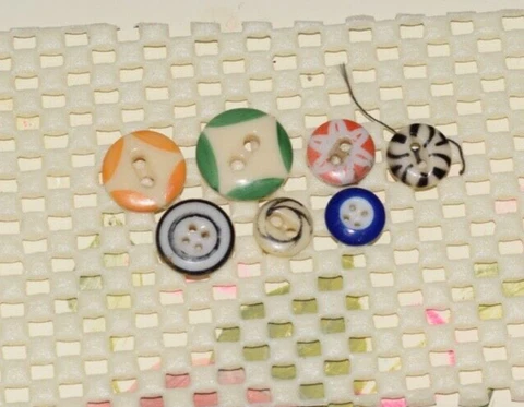 7 Antique STENCIL CHINA BUTTONS Green, Orange, Red, Black, Blue  3/8" - 5/8" Cover