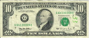 1995 10$ FRN - Small portrait w/ security thread - MEW/RER G64130309C - #15240 - Picture 1 of 2