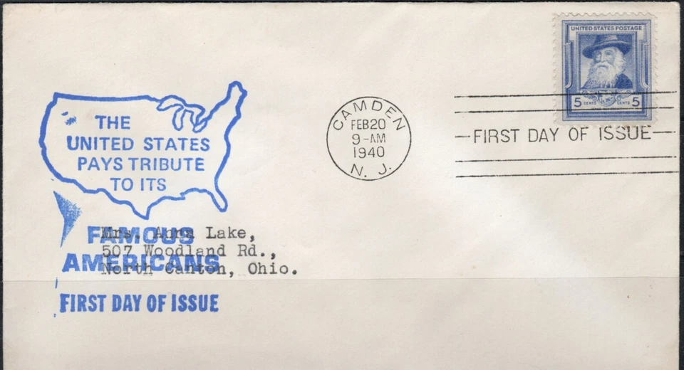US Scott #867 "Walt Whitman" Famous Americans, 5 cents addressed FDC - Image 1 of 1