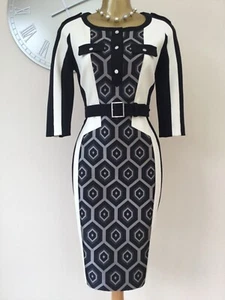 💕KAREN MILLEN - 10 UK - STUNNING BLACK, IVORY & SILVER, BELTED PENCIL DRESS. - Picture 1 of 10