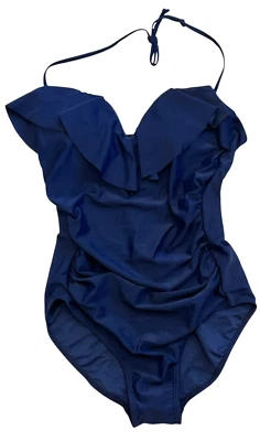Traje de baño Nicole Miller para mujer mediano azul marino de una pieza cuello halter volantes acanalados Foto 1 de 4