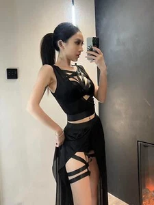 Women Gothic Club Skirt Sexy Mesh Split Summer Black Corset Crop Top Bandage - Picture 1 of 21