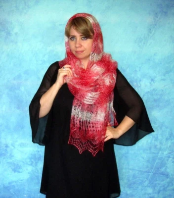 Bufanda a rayas rojas, chal ruso Orenburg, envoltura de lana, capa cálida, pashmina de encaje, estola Foto 1 de 4