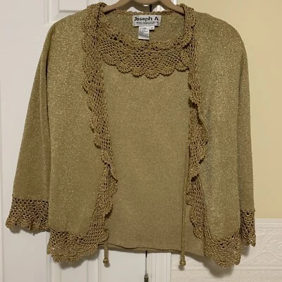 Vintage 2 Piece Gold Threaded Top & Matching Sweater w Draped Lace Detail Size M - Image 1 of 4