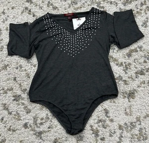 MADISON Women's Bodysuit Long Sleeve Embellished Stretch Large Gray V-Neck NWT - Picture 1 of 8