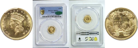 1873 $1 Gold Coin PCGS MS-63 Open 3 CAC Cover