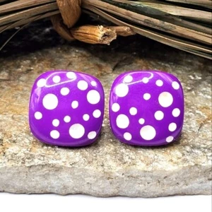 80's White Polka Dot Earrings Pierced Acrylic Purple Square Stud Statement VTG - Picture 1 of 7