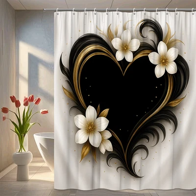 Elegante cortina de ducha floral negra con detalles dorados Foto 1 de 4