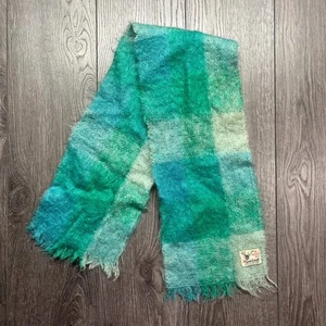 Vintage Hand Acraft Scotland Mohair Wool Blue Scarf Knit Throw Designer Plaid - Picture 1 of 5