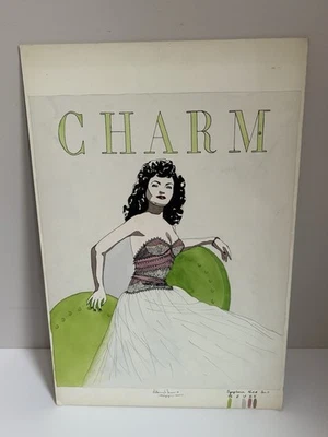 Vintage 50’s Fashion Illustration Magazine Cover Evening Gown Ink Watercolor - Image 1 of 4