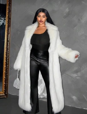 Women’s Long White  Fur Coat Winter Warm Plush Jacket Elegant  Outfit - Image 1 of 4