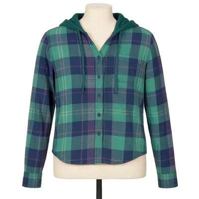 Camisa feminina American Eagle com capuz flanela M verde roxa xadrez aconchegante essencial - Imagem 1 de 4