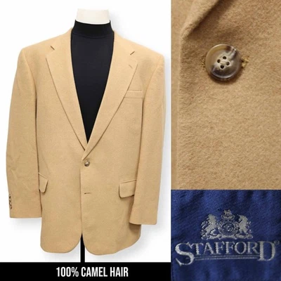 STAFFORD mens solid beige 100% CAMEL HAIR sport coat suit jacket blazer 46 L - Image 1 of 4