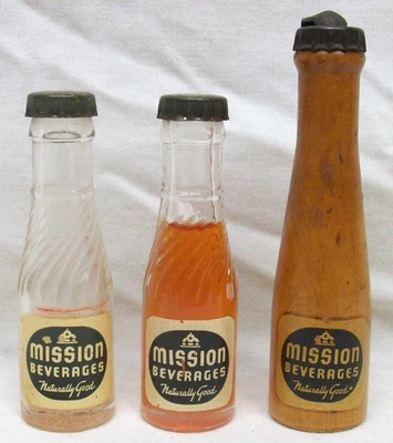 Vintage "Mission Beverages" 2-Glass Minis & Wood, Bottle Shaped Cap Lifter EXL - Image 1 of 4