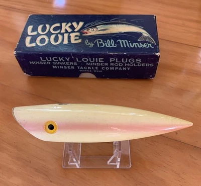 VINTAGE Lucky Louie  Plug PEARL PINK WOOD SALMON Lure GLASS EYE W/ BOX Sz 5.5 - Image 1 of 4