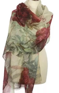 Rectangular scarf 31x90inch burgundy floral 100% merino wool Pavlovo Posad 10171 - Picture 1 of 5