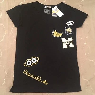 NUEVA Camiseta Juniors Despicable Me Minions Mujer Camiseta Negra Parches Talla Pequeña Nueva con Etiquetas Foto 1 de 4
