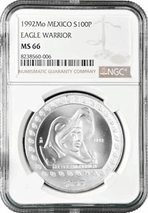 Mexico 100 pesos 1992, NGC MS66, "Guerrero Aguila (Eagle Warrior)" silver coin - Picture 1 of 2