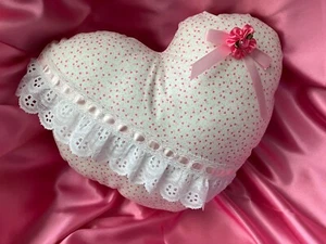 Pink Satin & Hearts Love Pillow Lacy Hand Made OOAK 2 Sided Sweet Cottage Chic - Picture 1 of 8