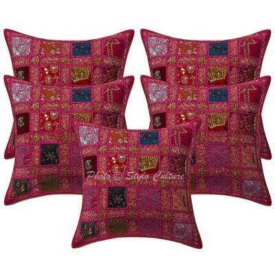 Bohemian Living Room Sofa Cushion Covers 16 x 16 Sequins Patchwork Set Of 5 - Image 1 of 3