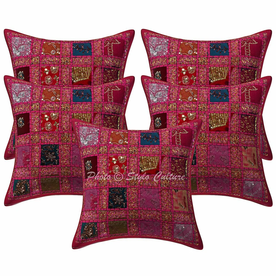 Bohemian Living Room Sofa Cushion Covers 16 x 16 Sequins Patchwork Set Of 5 - Image 1 of 3