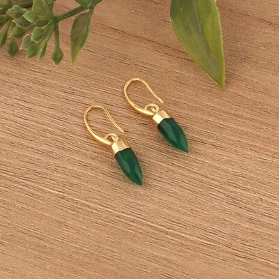 Green Onyx Yellow Gold Plated Pencil Shape Drop Dangle Earring For Women Jewelry - Image 1 of 4