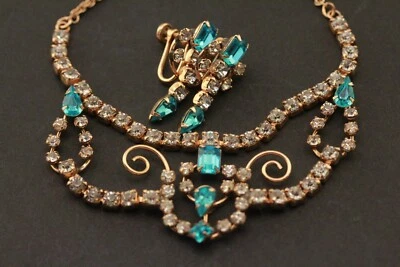 VINTAGE SIGNED JONATHAN BAILEY GF 1/20 BLUE & CLEAR RHINESTONE NECKLACE EARRINGS - Imagem 1 de 4