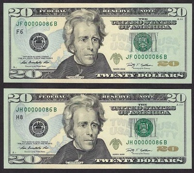 🇺🇸 LOT OF (2) 2009 $20 MATCHED LOW S/N ♚♚00000086♚♚ GEM UNC++ SUPER BOLD&CRISP - Image 1 of 4