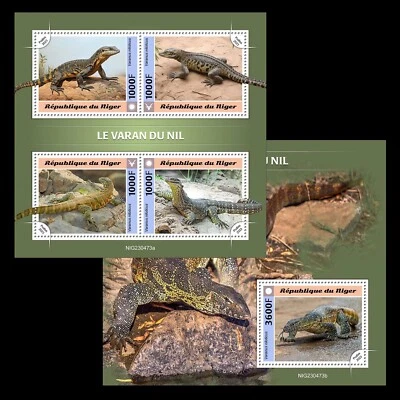 Estampillas de monitor del Nilo Varanidae Lizard MNH 2023 Níger M/S + S/S Foto 1 de 3