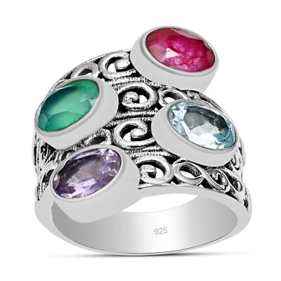 Ametista & Multicolore Gemma 925 Argento Sterling Filigrana Massiccio Ring SC-72 - Immagine 1 di 4