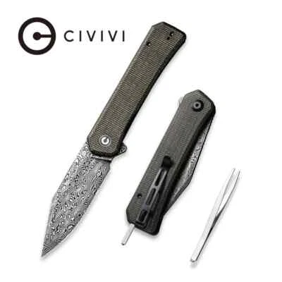 CIVIVI KNIVES CIVIVI RELIC FLIPPER KNIFE GREEN MICARTA DAMASCUS STEEL & TWEEZERS C20077B-DS1