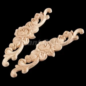 Wood Carved Long Onlay Applique Unpainted Flower Rose Door Home Decals 20*5cm - Picture 1 of 8