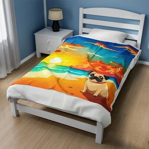 Pug on the Beach - Velveteen Plush Blanket - Picture 1 of 22