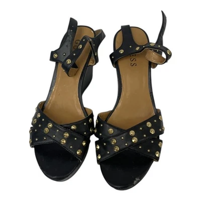 Guess Sandals Womens Black Wedge Open Toe Sling Back Woven Studded Leather Pumps - Image 1 of 4